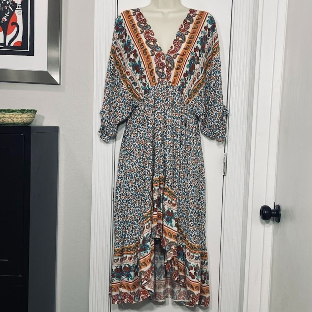 Umgee USA Fancy That Floral Print V-neck High Low Hem Bohemian Dress Medium